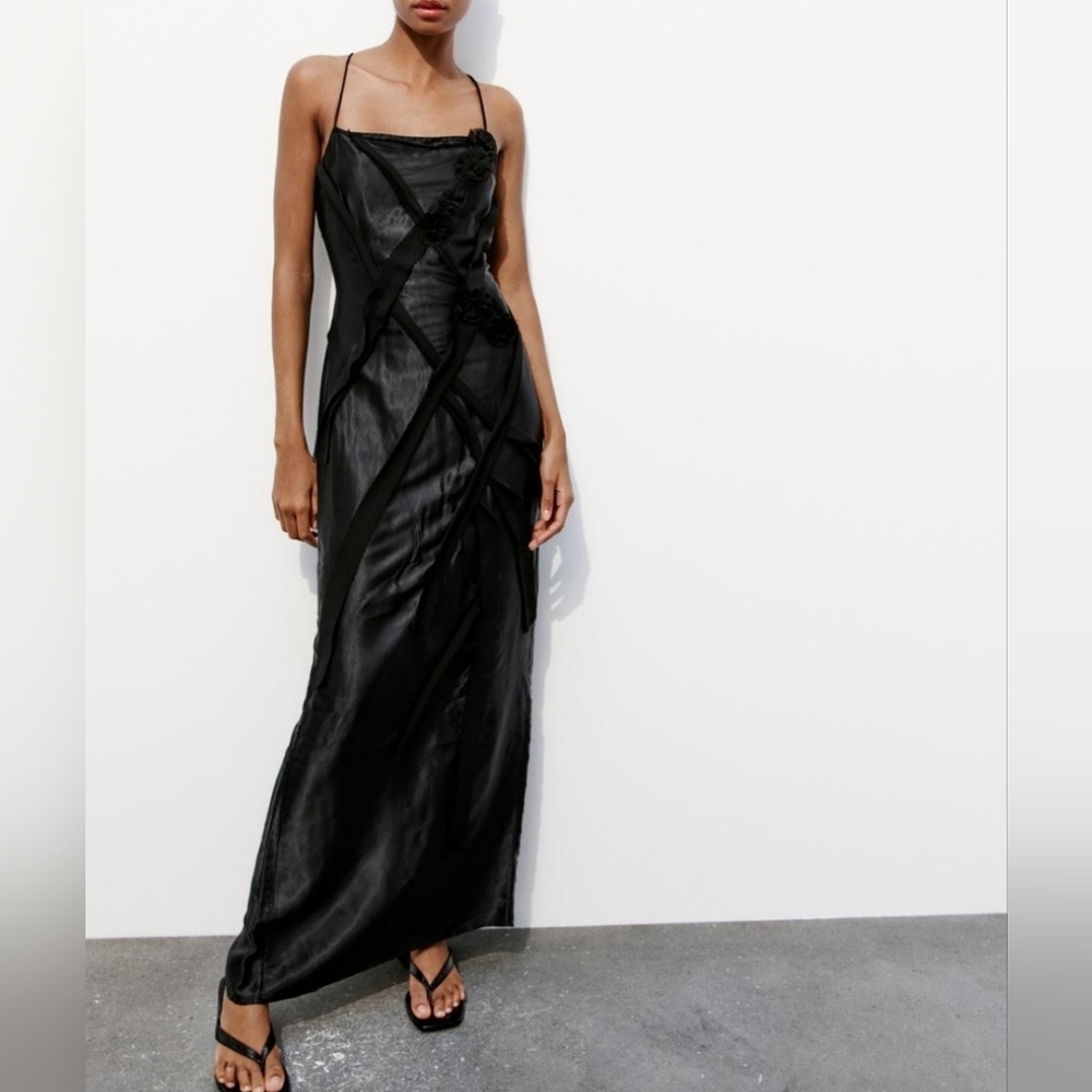 Zara Satin Midi Dress With Floral Detail